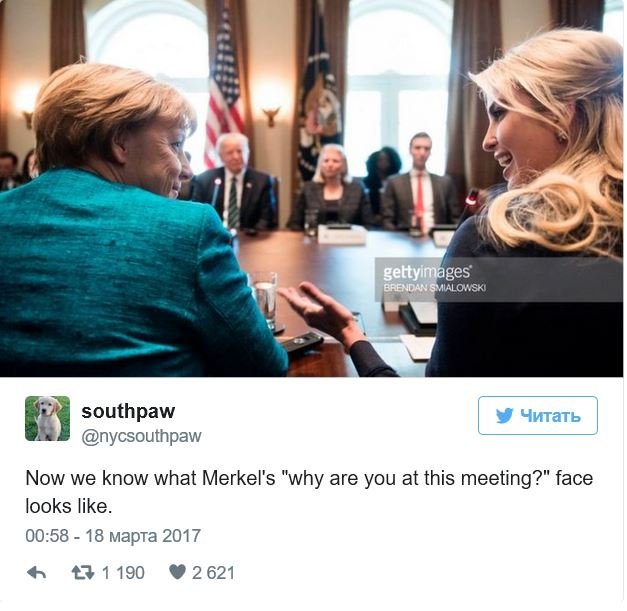 Пользователей Сети насмешила реакция Меркель на Иванку Трамп